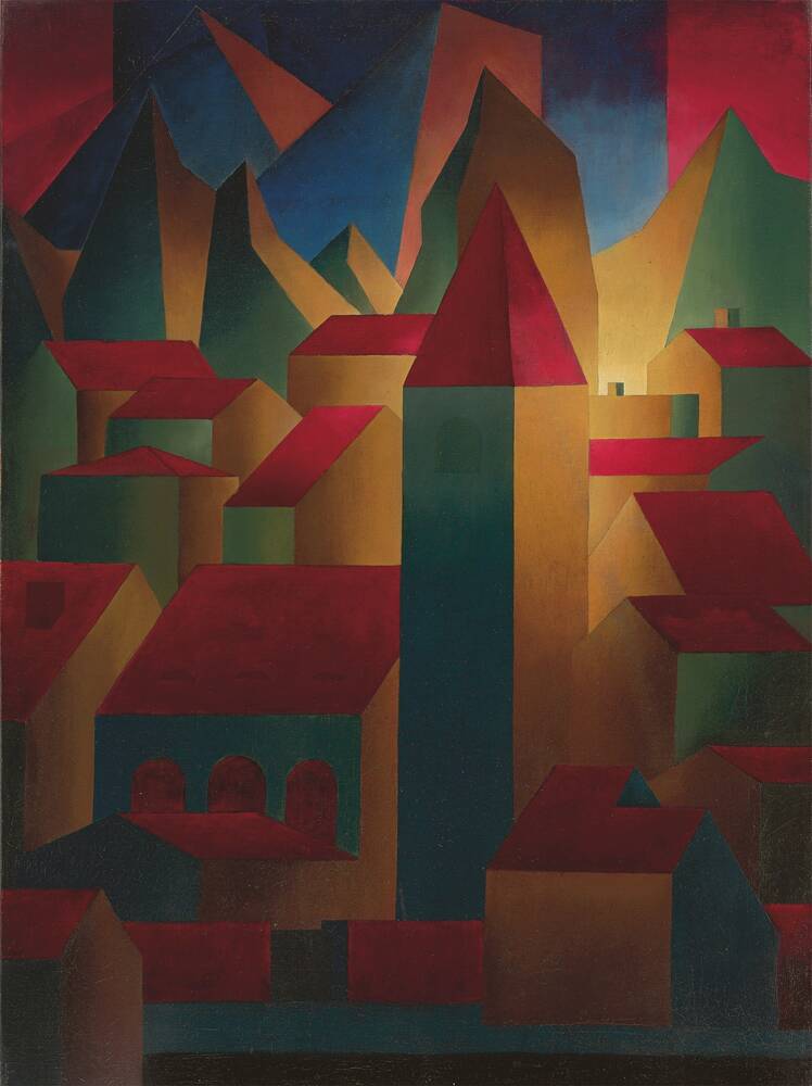 Häuser, Turm und Gebirge