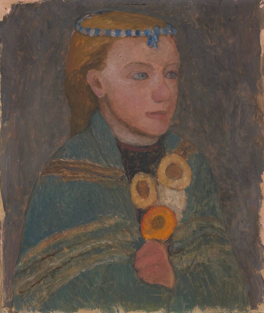 Mädchen mit blauweißer Kette im Haar (Brustbild)